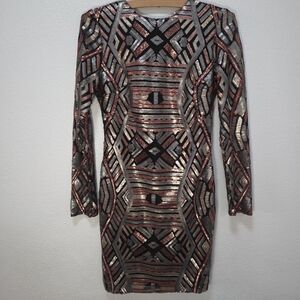 Adelyn Rae Full Sequin Copper Tones XS Cocktail Mini Dress Long Sleeves V-Back